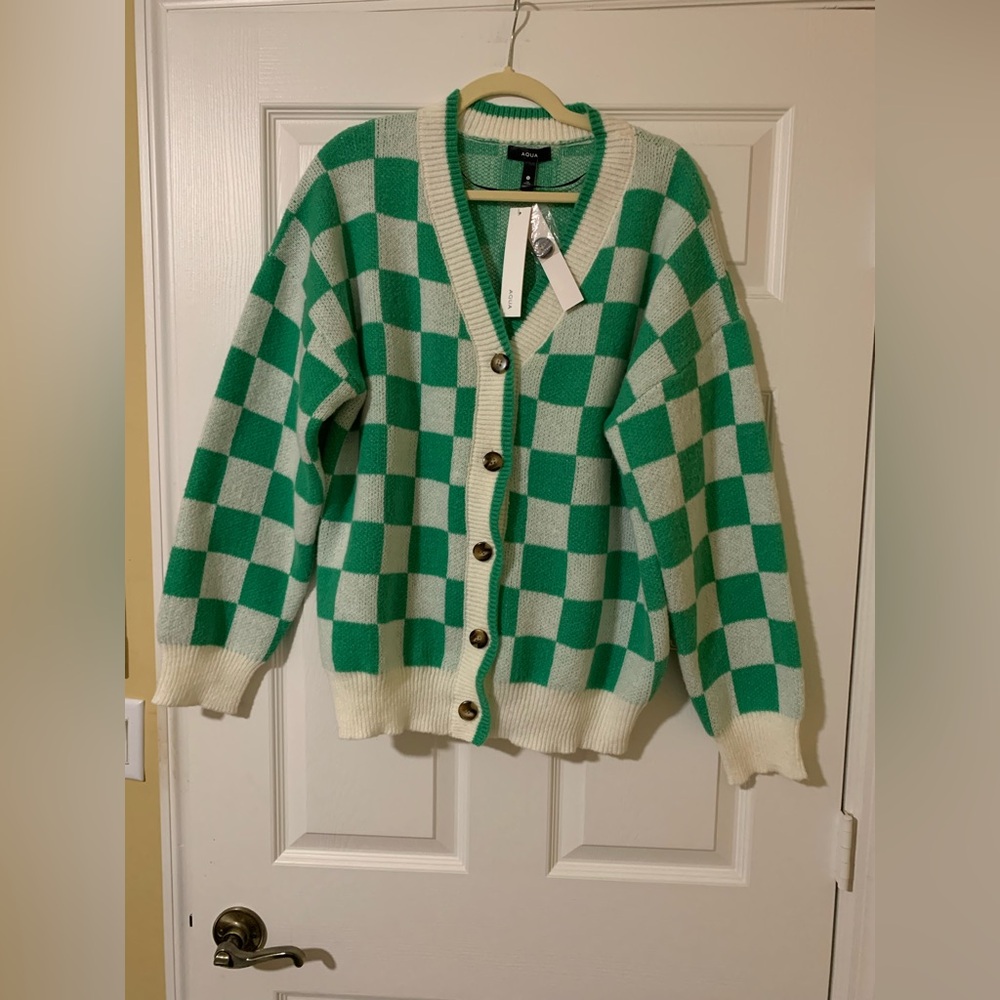 Aqua V-Neck Button Up Mint Green White Checkerboard Sweater Cardigan Large Retro - Picture 9 of 10